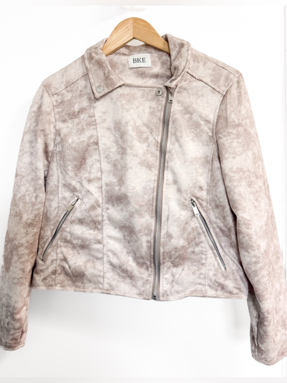 BKE Cropped Moto Jacket Faux Suede Blush Taupe Women’s Large